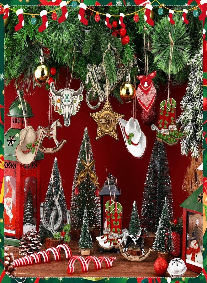 Memorywuu 36 Pcs Western Christmas Ornaments Cowboy Xmas Tree Decorations Cowboy Hat Boots Sheriff Badge Christmas Baubles Horse Cattle Wooden Cutouts for Tree Home Wreath Party Indoor Decor - Image 4